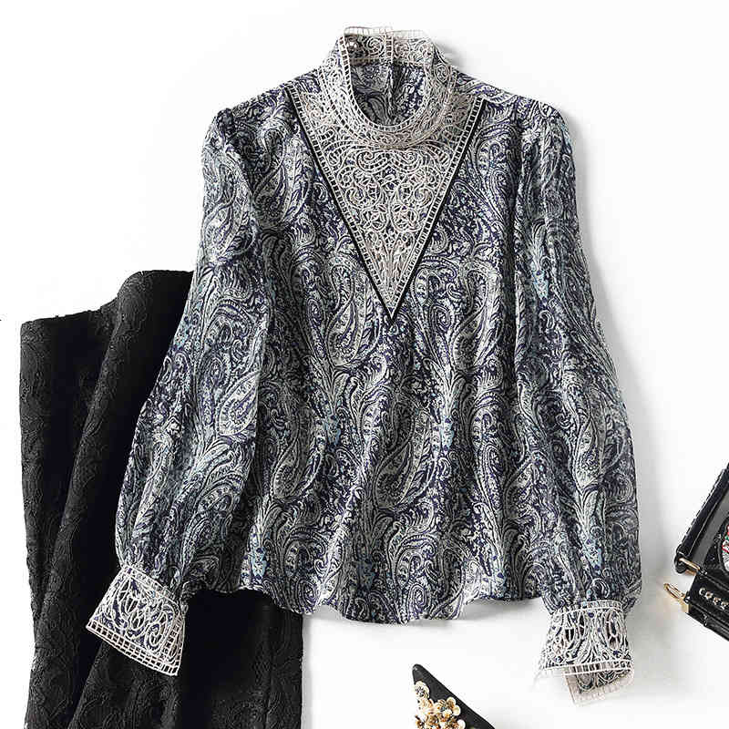 

Women' Blouses & Shirts autumn silk shirt mulberry Pullover long sleeve stand collar embroidery splicing cashew blossom temperament women' wear 2WLF, Red