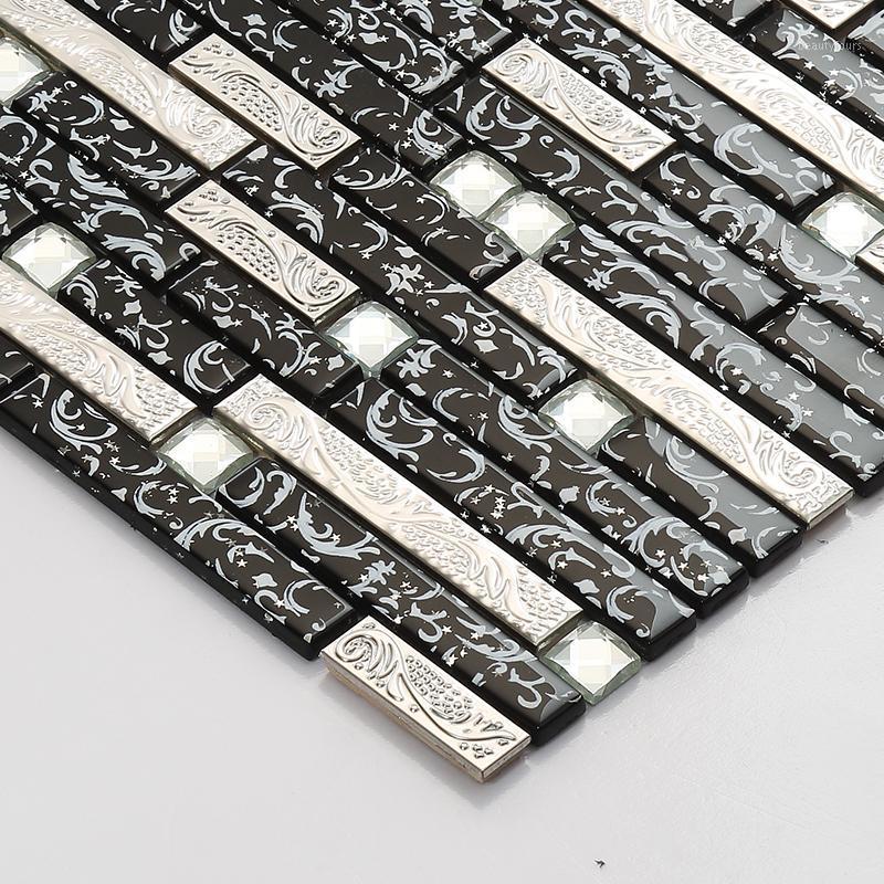 

Simple Modern Strip Metal Silver diamond Black Glass Mosaic Tiles for Bar Cabinet border subway wall tile1, Yy-237