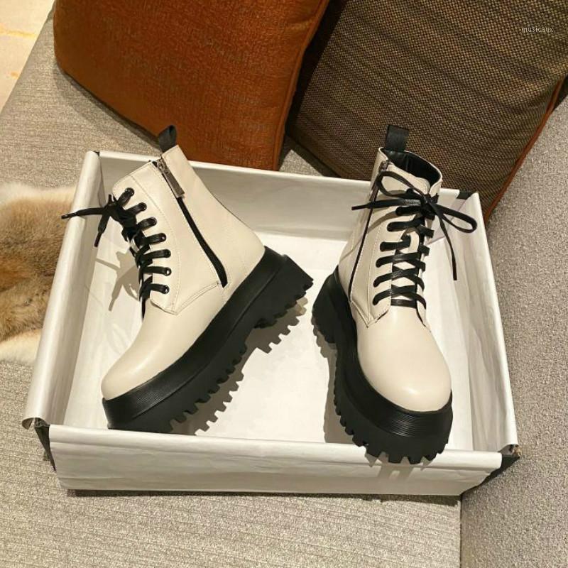 

2020 White Soft Leather Ankle Boots Women Platform Motorcycle Booties Female Autumn Winter Shoes Woman Goth Short Botas De Mujer1, 2502