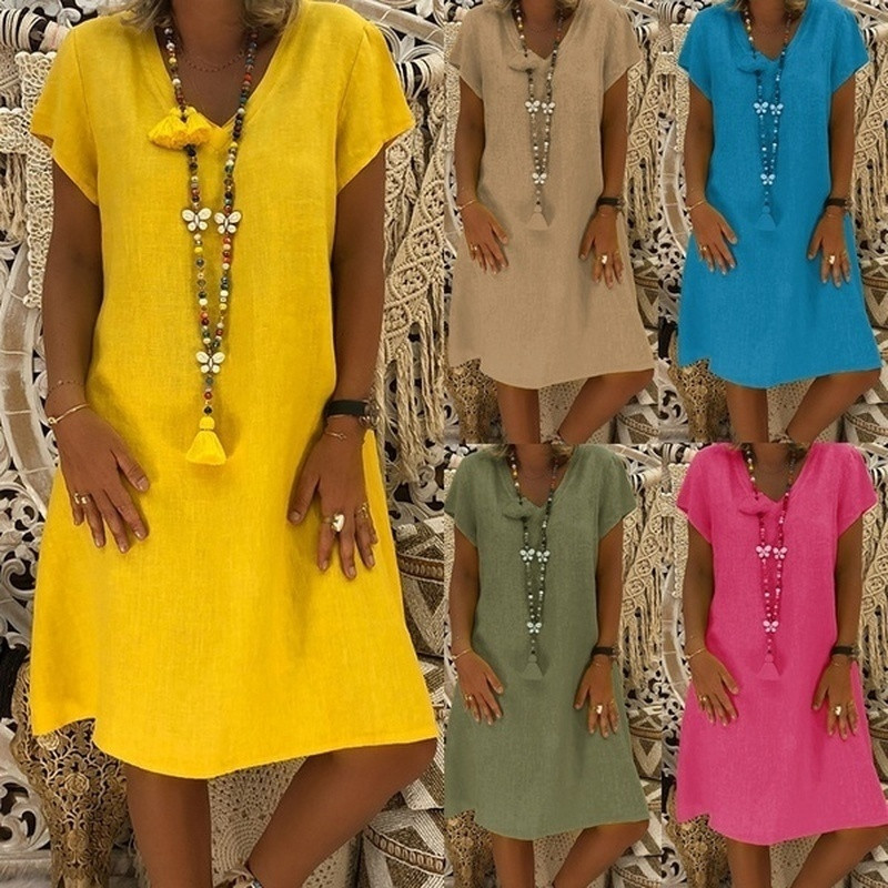 Ladies Loose Dresses Cotton Linen Casual Plus Size V Neck Women Summer Style Feminino Vestido-image-630219047