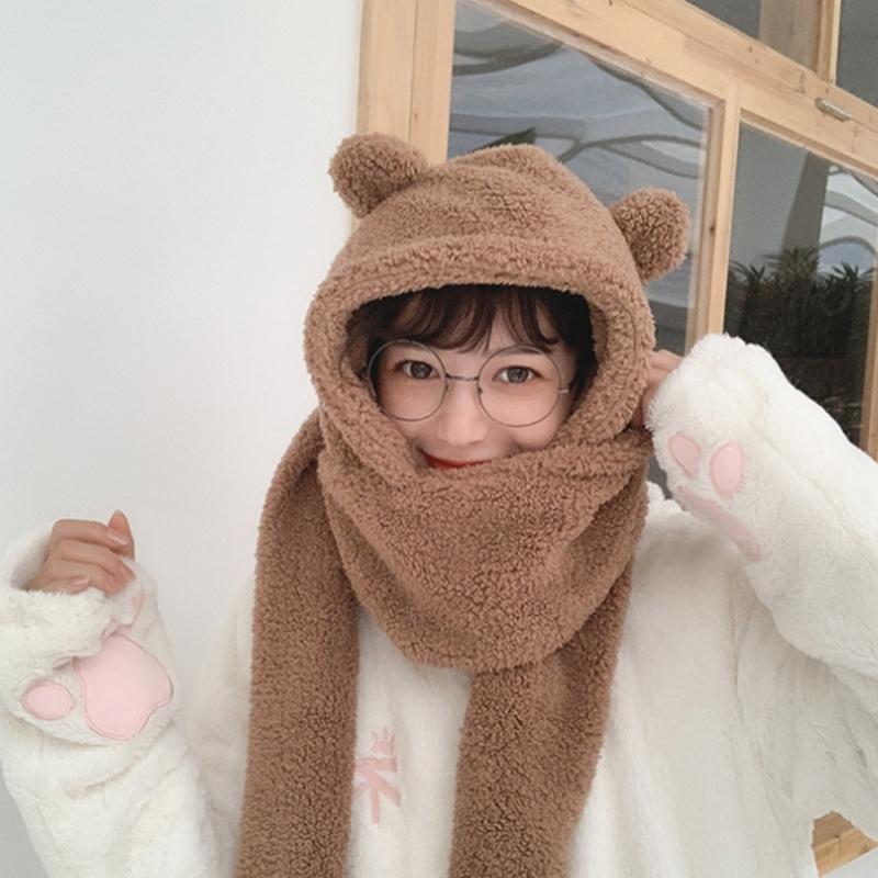 

Korean Women Student Winter 2 In 1 Hooded Long Scarf Beanie Hat Cute Bear Ears Thicken Fluffy Plush Earflap Cap Thermal, White