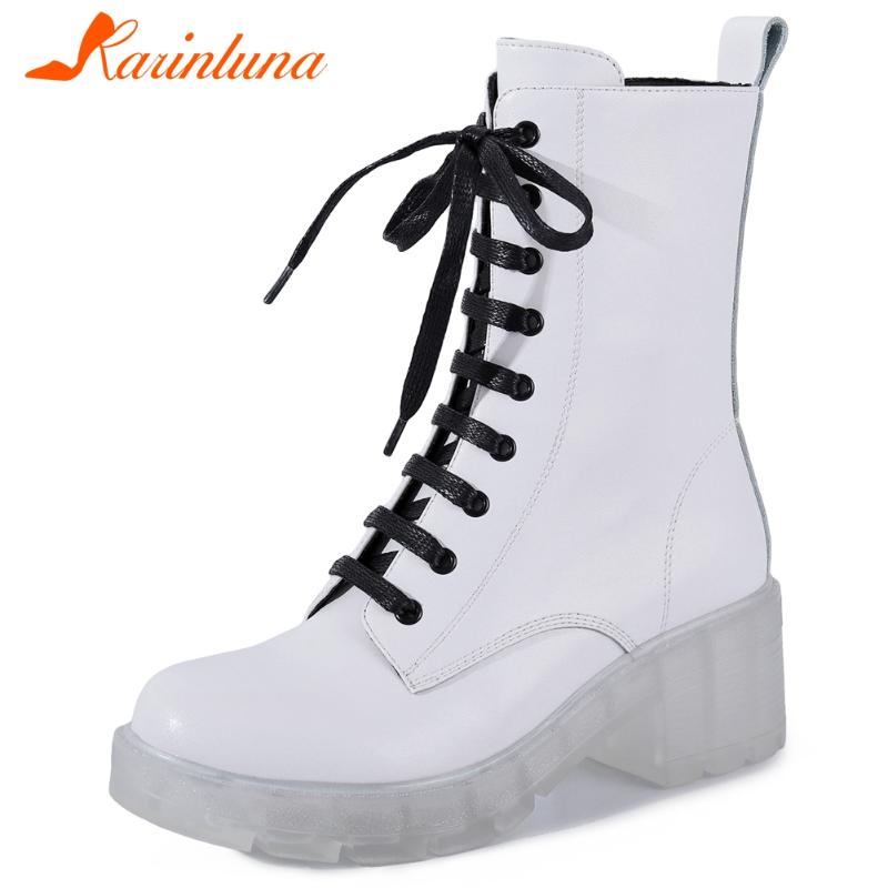 

Top Quality Genuine Leather clear Round Toe Big Size 40 Cow Leather Black White Cross-tied Autumn Female footwear