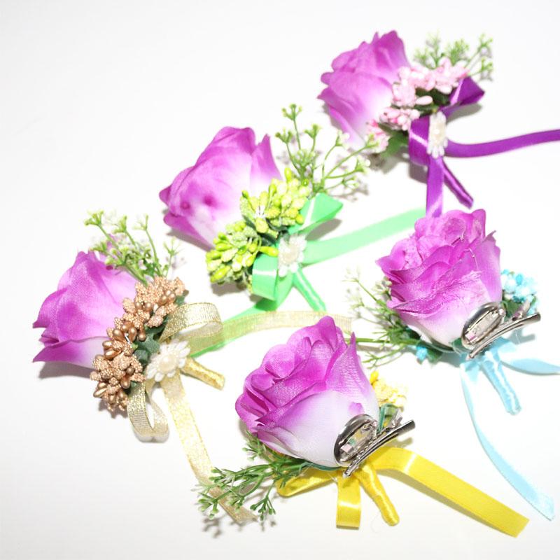 

5 Pcs\lot Customized Guest Boutonniere Pins Purple Silk Rose Bouquet Corsage Flower For Clothes Wedding Party Decoration, Green