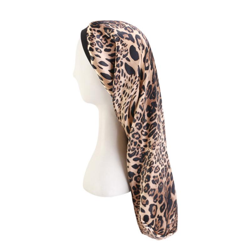 

New Women Sleep Night Hat Wide Satin Satin Leopard Print Long Tube Hat Beauty Salon Care Hair Loss Wrap Women Headwear, Navy blue