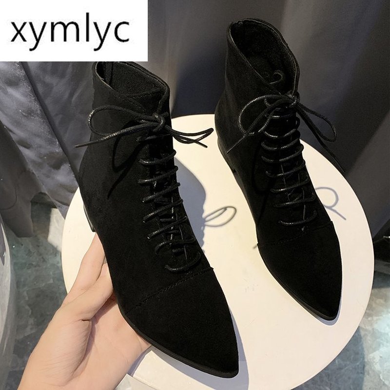 

2020 new winter ladies pointed thick with wild black ankle boots female suede side with fashion lace short boots mujer