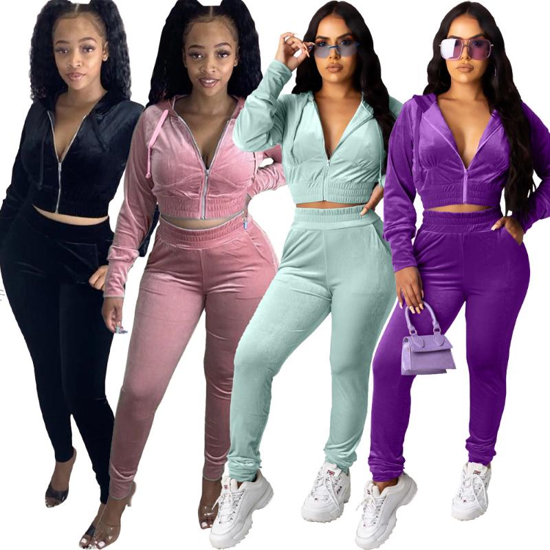 

Women' Tracksuits Velvet Two Piece Set Women Festival Clothing Long Sleeve Hooded Crop Top And Elastic Waist Pants Velour, Purple set