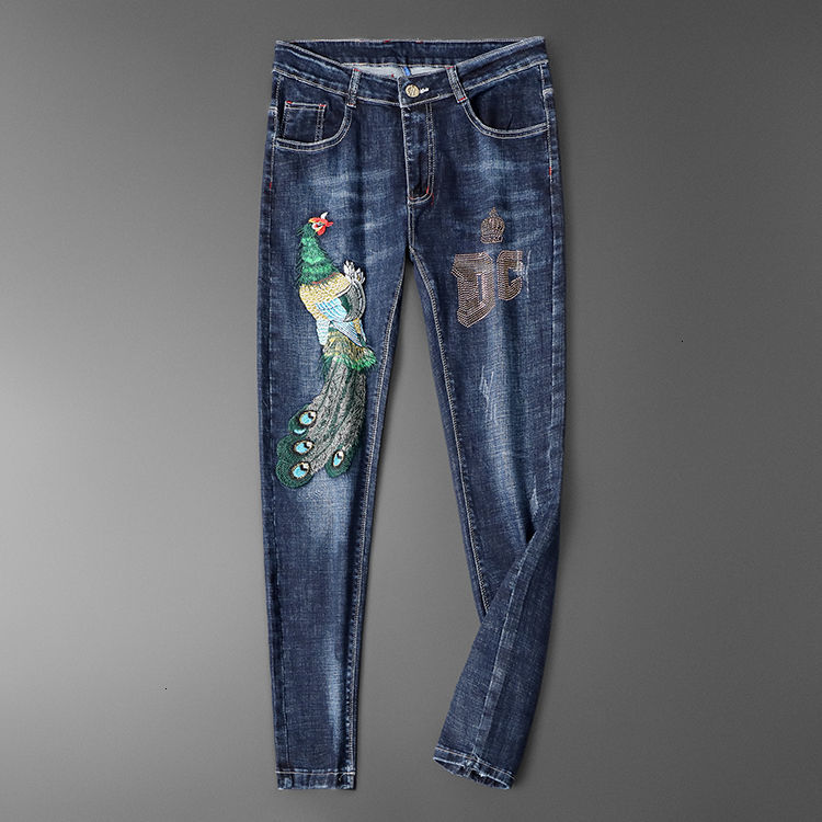 

Breen Brem Pants, New Embroidered Diamond-hot Breeches Thin Denim Men Erkek Kot Pantolon Fashion 2021 L47x, Blue