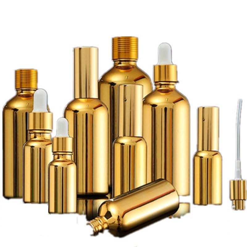 

15PCS Gold Glass Essential Oil Bottles Vial Cosmetic Serum Packaging Lotion Pump Atomizer Spray Bottle Dropper Bottle 5/20/30ML 201012