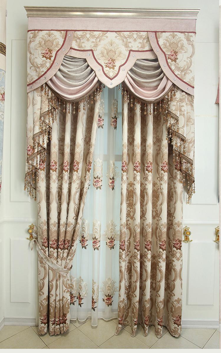 

European Beige luxury curtain shading cloth cut chenille high-end embroidery yarn products customized bedroom living room, Tulle curtain