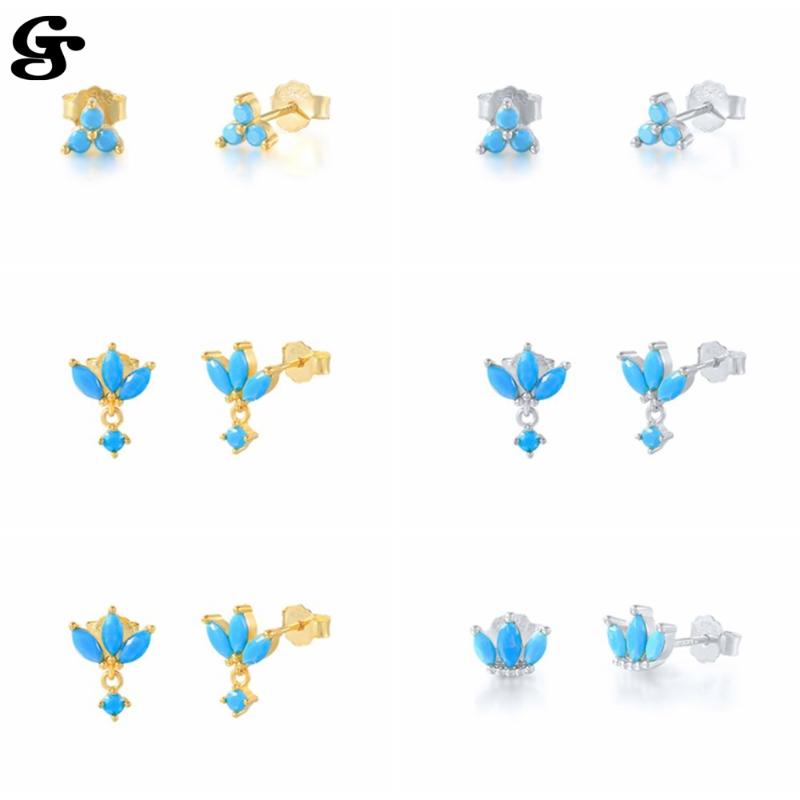 

GS 925 Silver Earrings Turquoise Sterling S925 Plata Piercing Stud Ear Rings Retro Charm Vintage Women Female Pendientes 2021, Golden;silver