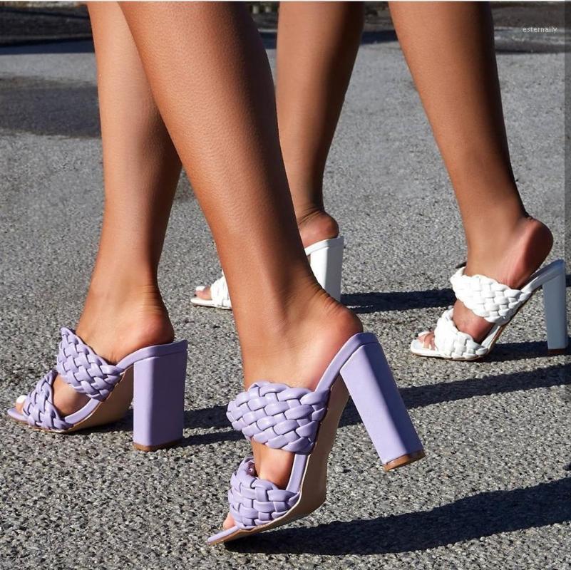 

Runway style Summer Weave Women Slippers Fashion Thick High heels Gladiator Sandals Outdoor Beach Slides Ladies Mules Shoes1, Purple