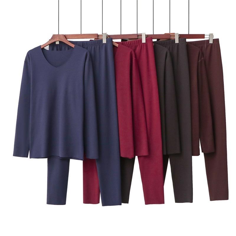 

2020 Autumn Winter New Men's Autumn Clothes and Long Trousers Slim V-neck Fever Solid Color Thermal Underwear Set Mens Pajamas, Brown
