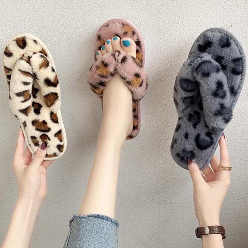 

Winter Women Slippers Indoor Floor Flip Flops Fashion Leopard Furry Plush Home shoes Female Soft Warm Cotton Flats Slipper ll5561, Beige