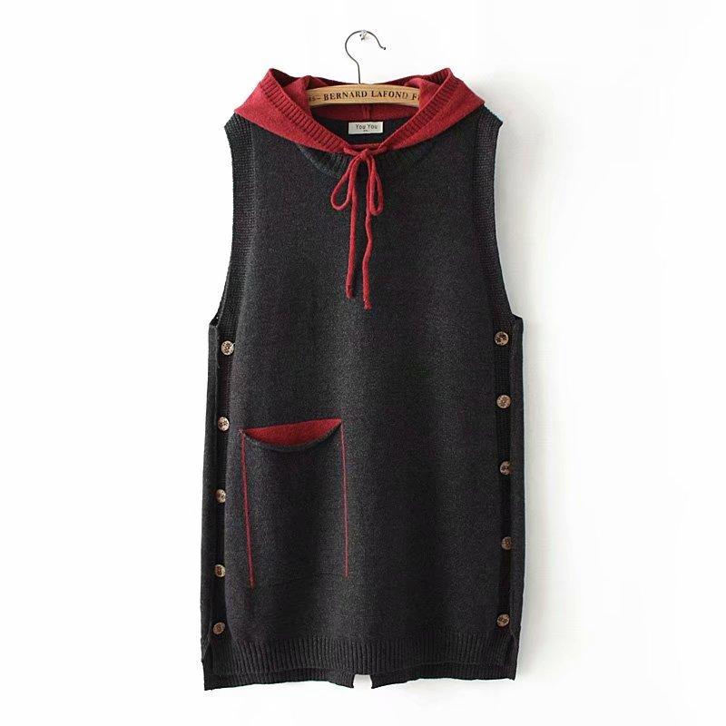 

New Womens Casual Hooded Knitted Vest Plus Size Pockets Sleeveless Vest Coat Solid Korean Waistcoat Female Pullover Sweater, Dark gray