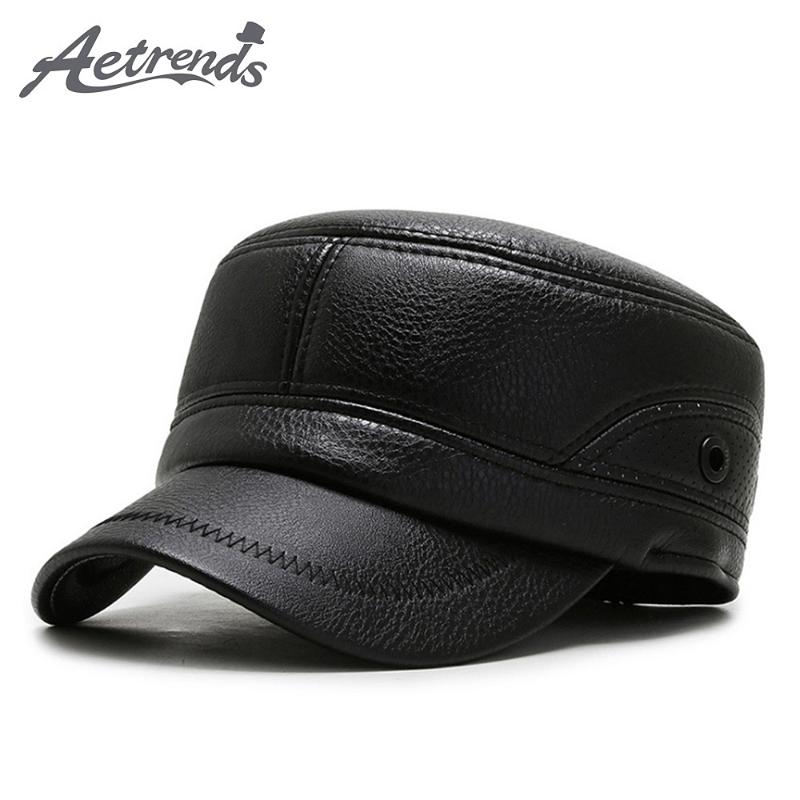 

AETRENDS] Winter PU Leather Cap with Earflap Hats Cadet Army Flat Top Hat Outdoor Z-10062, Black