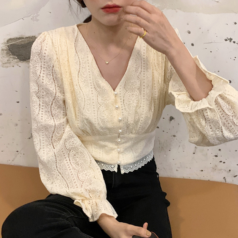 

2021 New Vintage Women's Shirts Deep v Pearl Neckline Flare Buttons Short Sleeves Lace Shirt Crochet Thin Waist Tops Spring XBRP, White