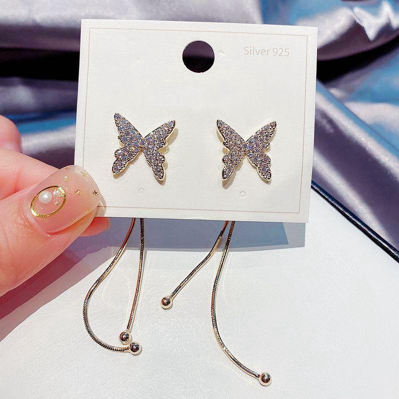 

Butterfly Earrings With Back Long Chain Tassel Gold Color Cubic Zirconia Stud For Women, Golden;silver