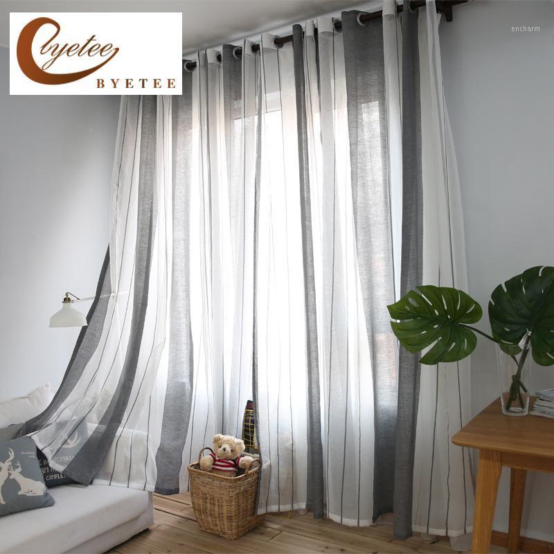 

byetee] Striped Curtains Flax Yarn Grey Translucent Screens Custom Modern Curtains Living Room Bedroom Window Finished Curtain1, Tulle