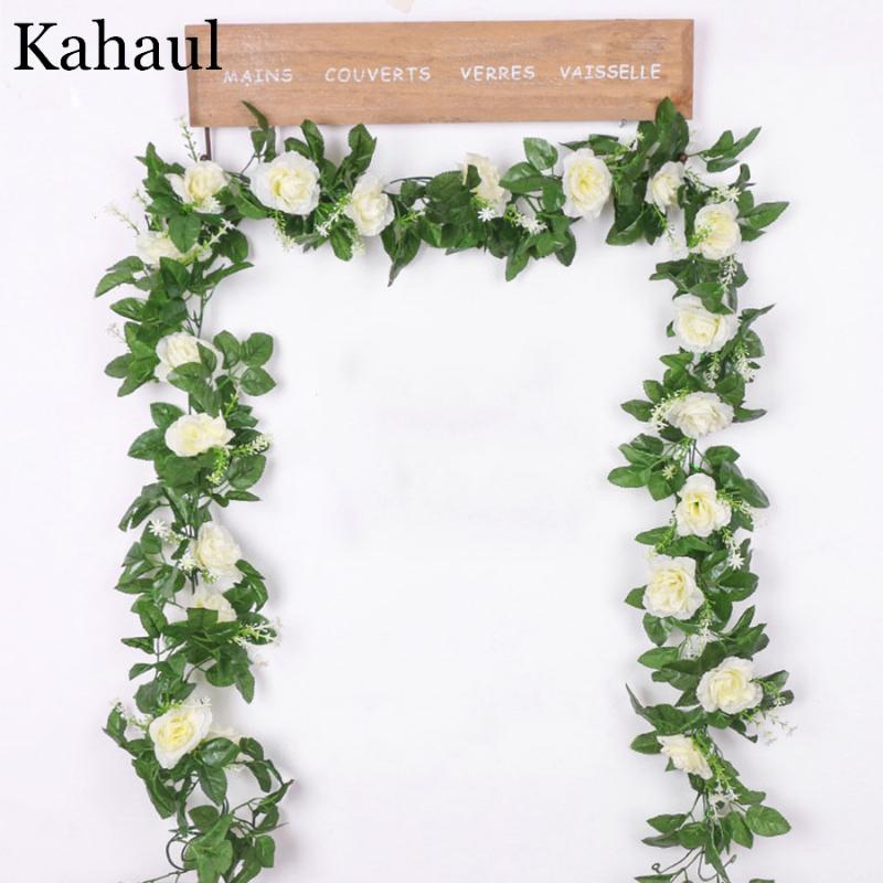 

Artificial Silk Roses Flower Vine Decorative Fake Plastic Ivy Hanging Rose Garland Wedding Home Wall Decoration Faux Plants Leaf, Red