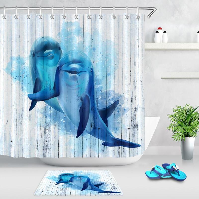 

Cute Dolphin Waterproof Fabric Bathroom Shower Curtain Vintage Wooden Board Marine Life Animal Home Decor Bathtub Bath Curtains1