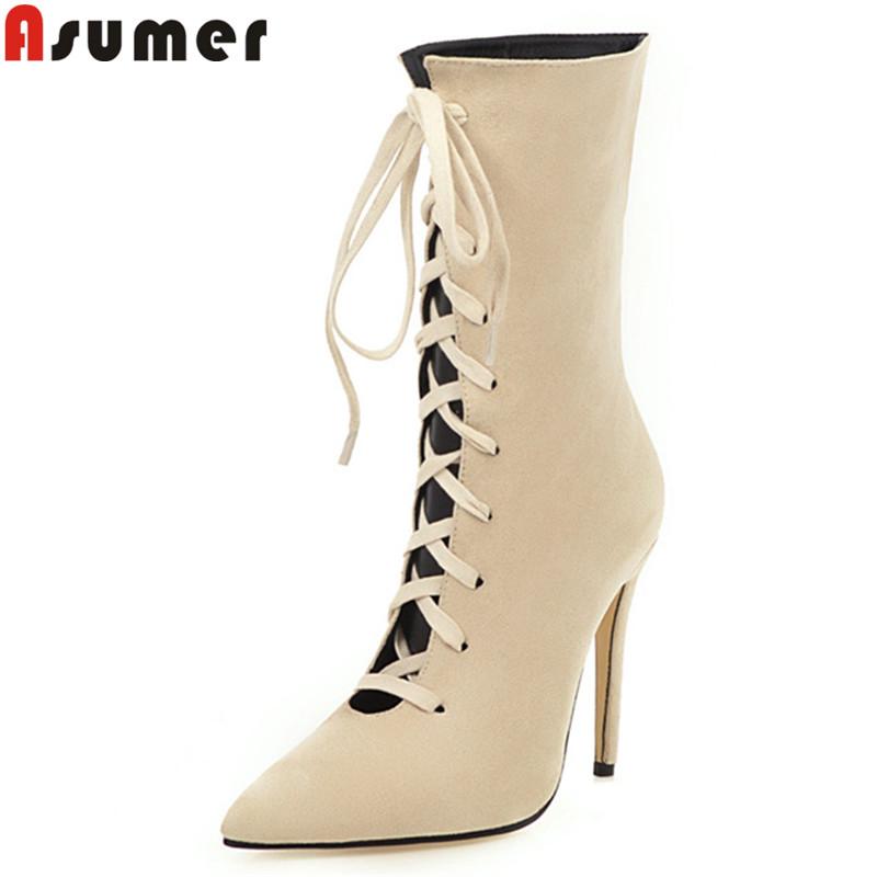 

ASUMER 2020 mid calf boots women pointed toe lace up ladies prom boots elegant thin high heels autumn winter plus size, Beige