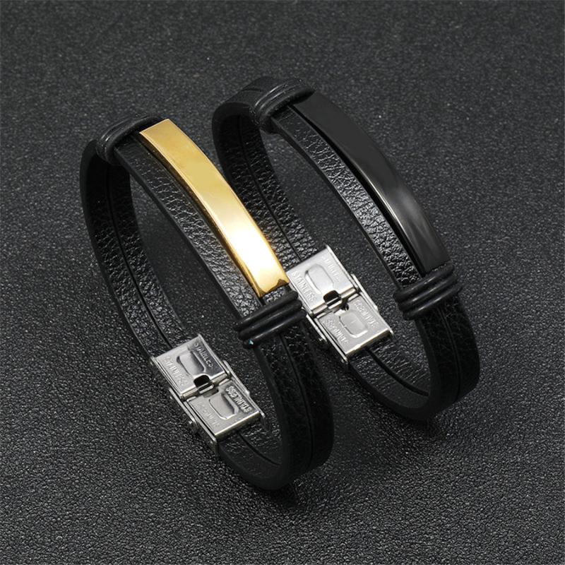 

Charm Bracelets Simple Smooth Stainless Steel Men's Leather Bracelet B312