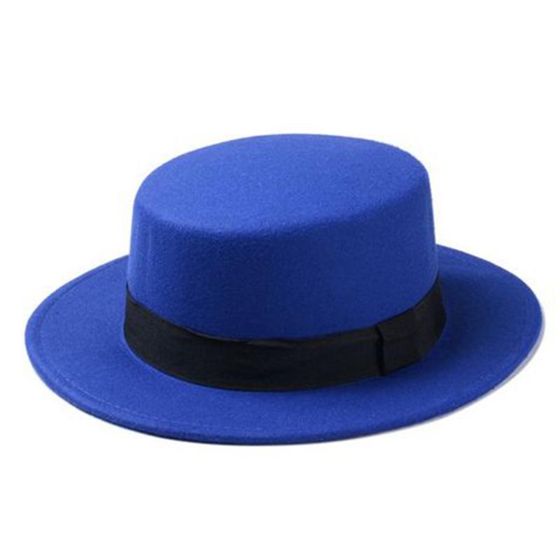 

New Fashion Wool Boater Flat Top Hat For Women Felt Wide Brim Fedora Hat, Black