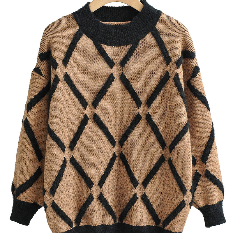 

2021 New 6431 Speed Sell Hot Style Autumn Europe and the United States Women's Jacquard Pullovers Maomao Square Lattice Bt3m, One size