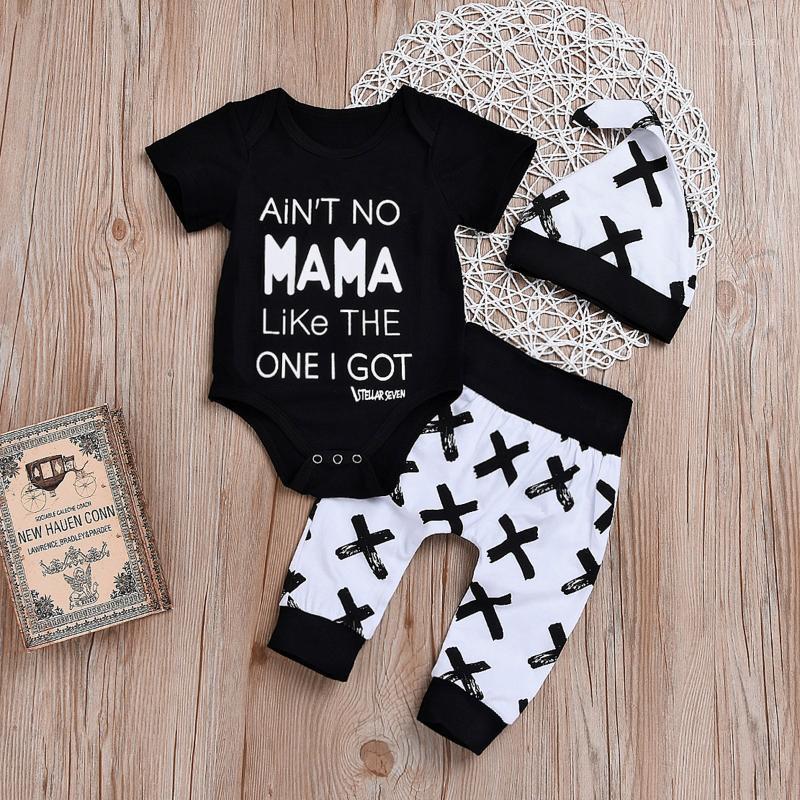 

0-24M Cotton Newborn Baby Boys Clothes Letters Print Black Rompers+Casual Pants+Hat Outfit Short Sleeve Summer Set1