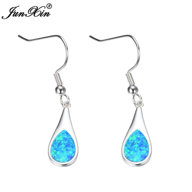 

JUNXIN Elegant White Fire Opal Drop Earrings Women Oval Tear Hanging Earrings Silver Color Wedding Jewelry