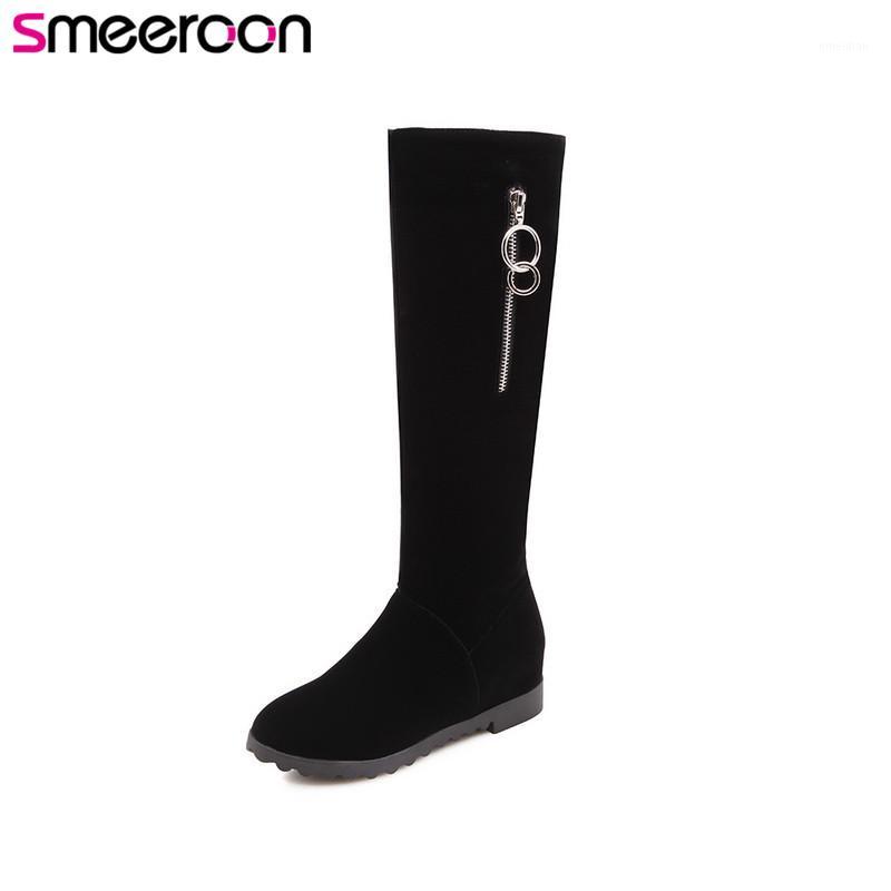 

Smeeroon 2020 fashion autumn winter boots women round toe slip on knee boots low heels high quality flock big size 34-411, Black