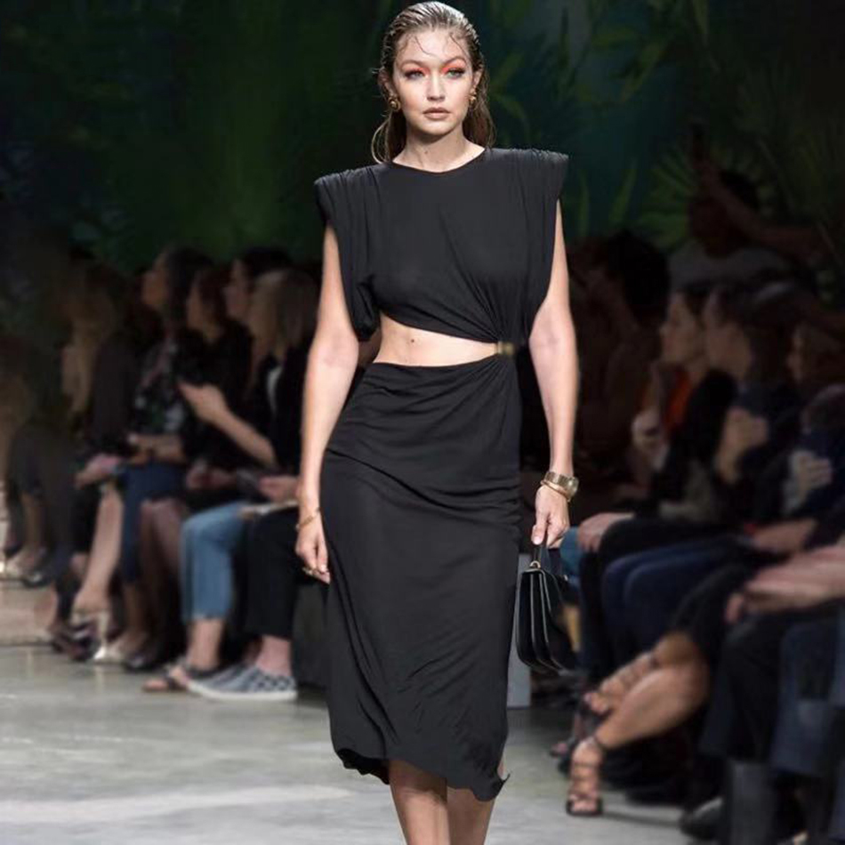 

Sexy 2020 New Chic Waistline Draped Mangoes Contour Shoulder Strong Design Celebrity Party Dress Medium Length Bjy6, Black