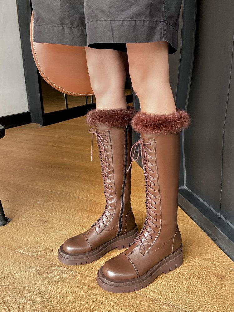 

EshtonShero Winter Shoes Woman pu Lace Up Knee High Boots Zipper Flat Heel Round Toe Platform Black Riding Boots Size 3-9