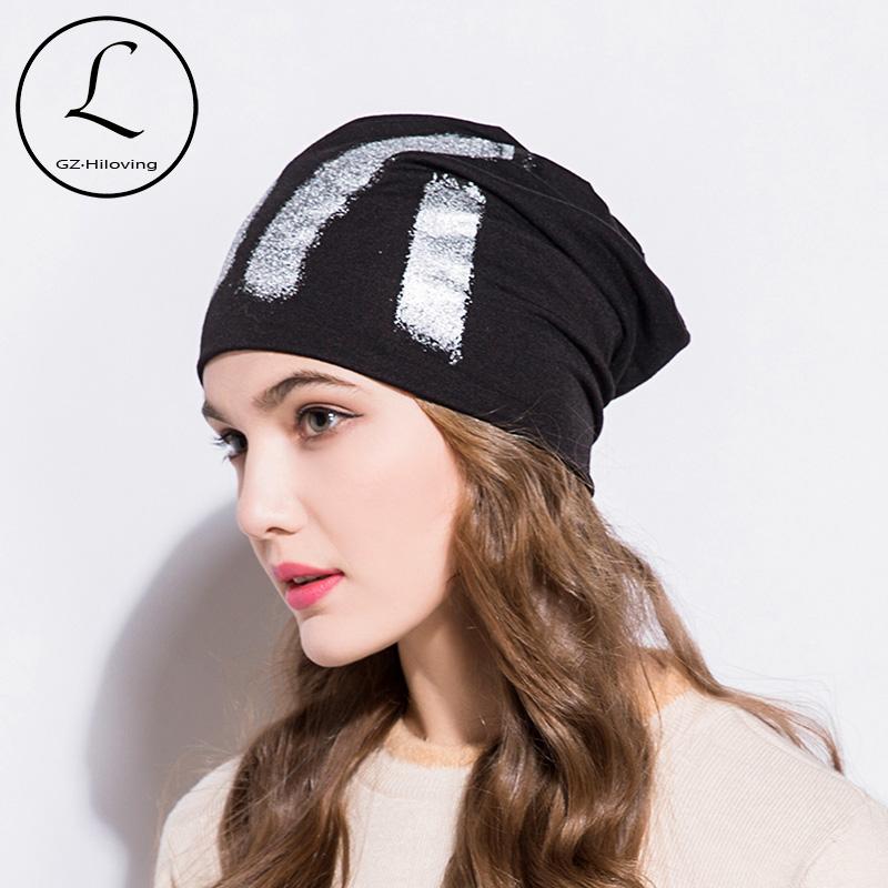 

GZHILOVINGL 2020 Fashion Hip Hop Thin Slouchy Cotton Beanie Sliver Painting Metallic Autumn Winter Skullies Beanies Women Hats, White