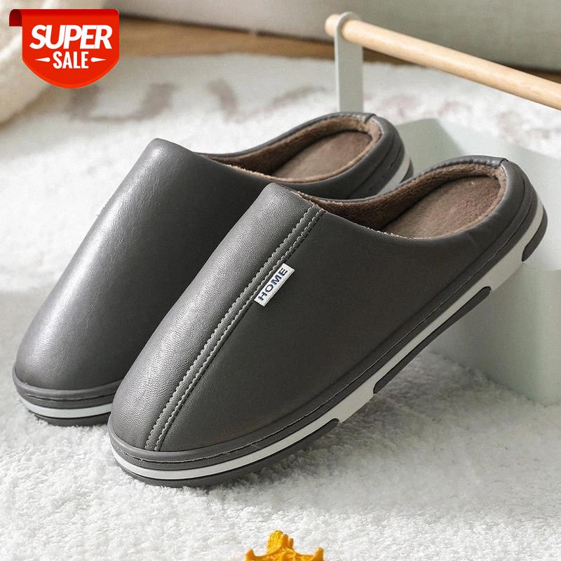 

Leather Slippers Waterproof Women's Slippers for Home Velvet Plush Fur Couple Bedroom Soft Shoes for Home #TU9i, Brown