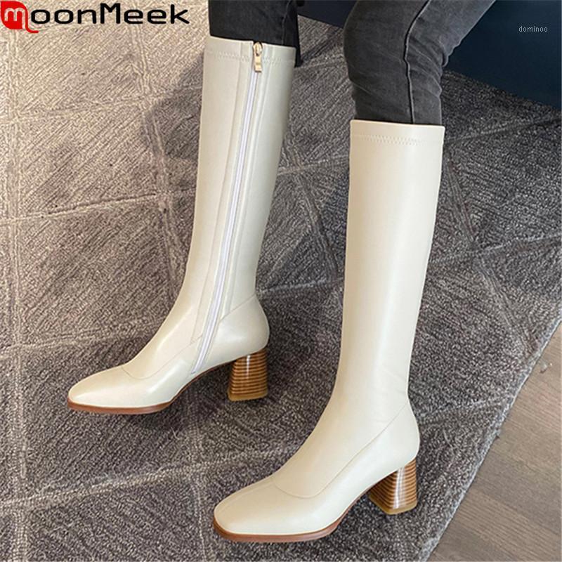 

MoonMeek 2021 New Arrival Women Boots Thick High Heels Square Toe Fashion Knee High Boots Top Quality Winter1, Rice white not fur