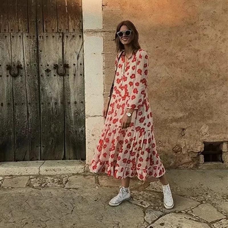 

O-neck Ruffles Bohemian Chiffon Dress Women 2020 Autumn 2pcs Buttons Maxi Dress Ladies Floral Printed Beach cwd0212-5, Red