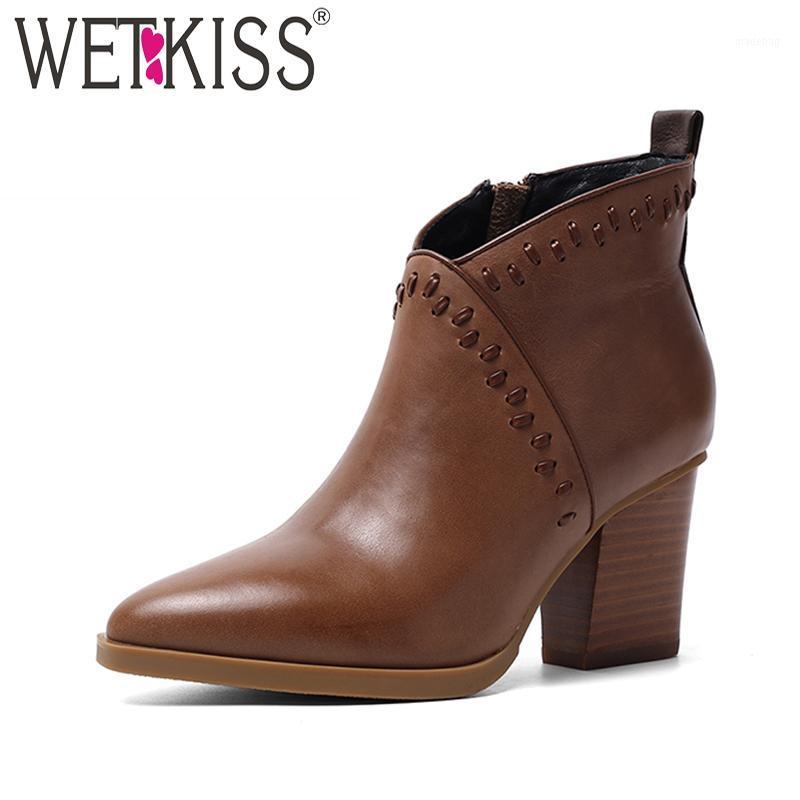 

WETKISS Pointed Toe Square Heel High Shoes Genuine Leather Zip Women Ankle Boot Fashion Casual Female Bootie Brown Non Slip Boot1