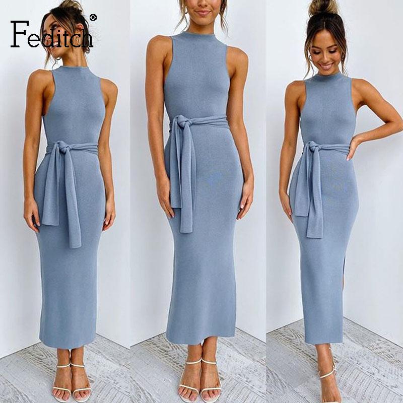 

Feditch 2020 Elegant Vintage Long Maxi dress Fashion O-Neck Sleeveless Bodycon Women dress Night Club Sexy party Vestidos, Blue