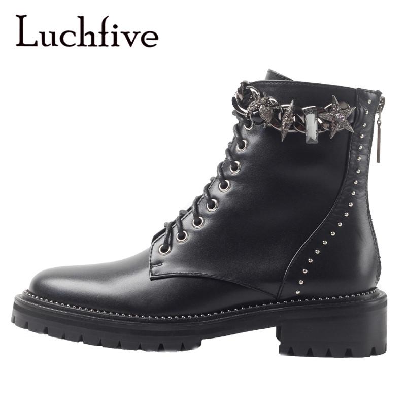 

Crystal Chains Short Boots Women Rivets Lace Up Shoes Woman Round Toe Low Heels Ankle Boots Fashion Zipper Black Femme