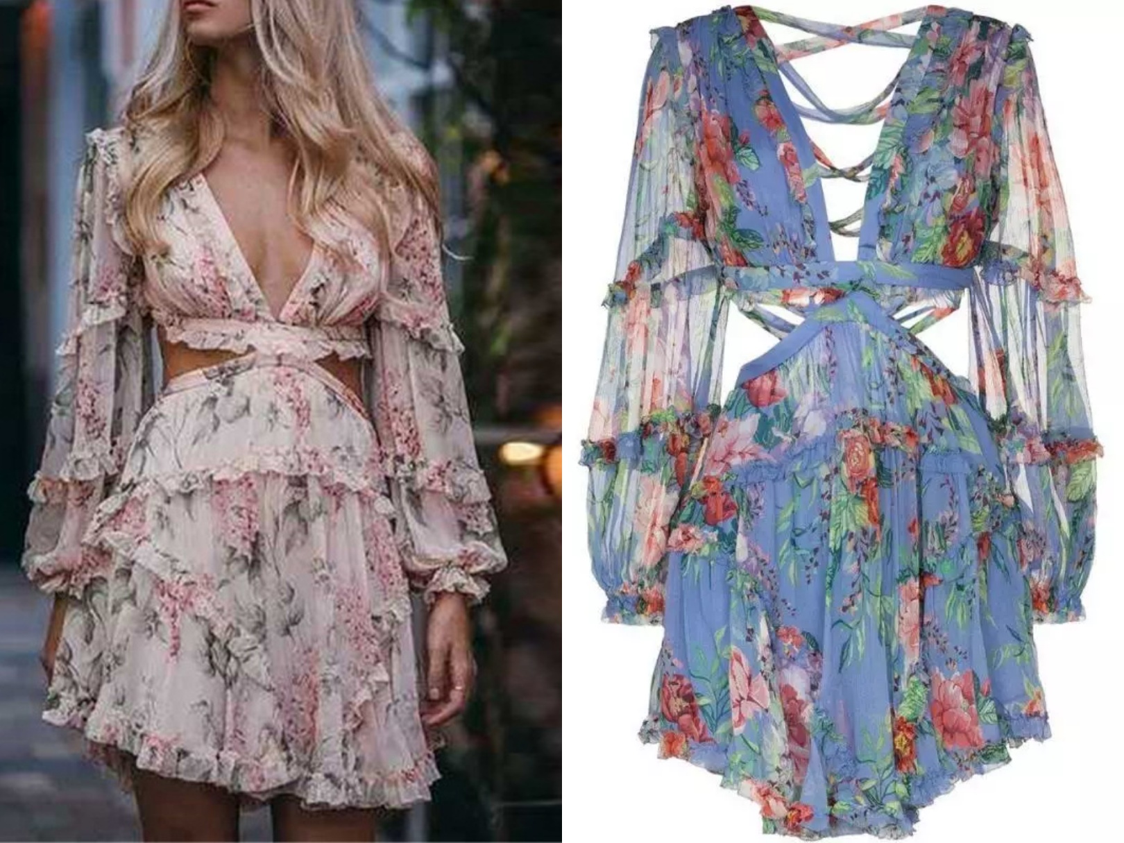 

Sexy V-neck halter cross tie lantern sleeve floral imitate-silk dress, Pink