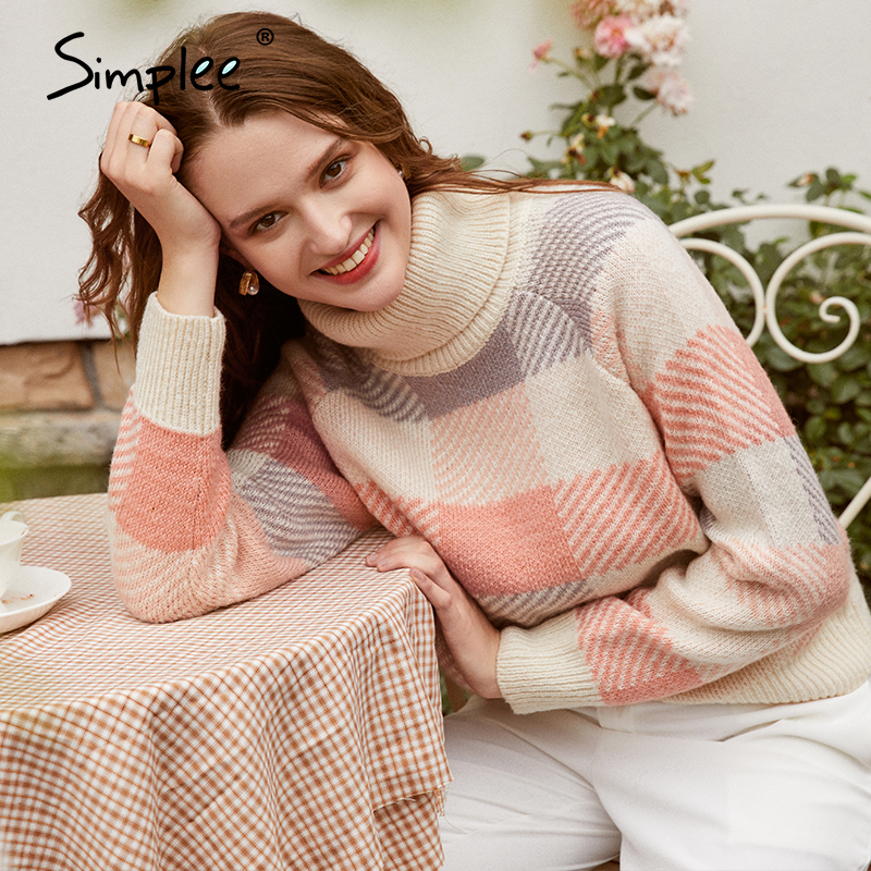 

Simplee Casual turtleneck plaid women sweater Autumn winter long sleeve knitted sweater female Streetwear ladies pullover jumper, Pink