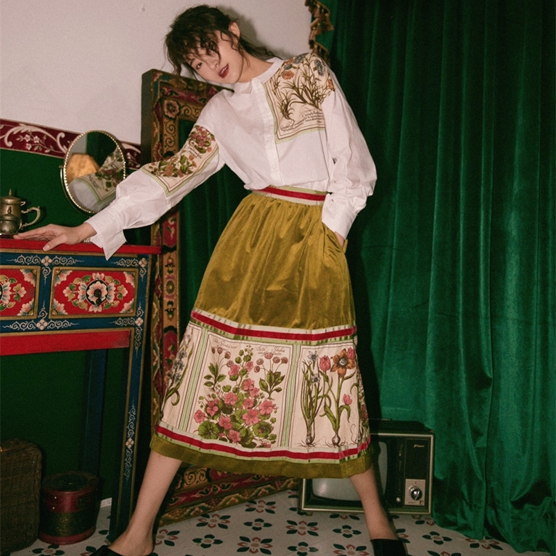 

2021 New Elegante Feminino Outono Vintage Floral Midi Cintura Alta Longa Estilo Chins a Linha Retro Saia Veludo Das IB7R FW4A, Multi