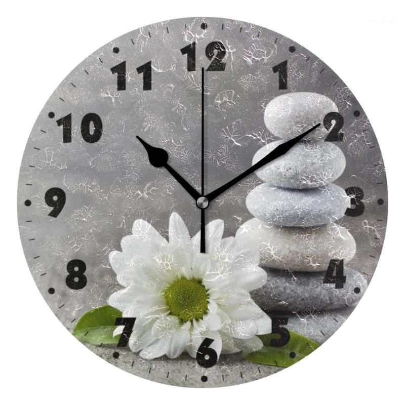 

Hipster Zen Stone And Flower Round Wall Clock Silent Non Ticking Wall Watch Home Office School Decorative Quiet Clock Art1