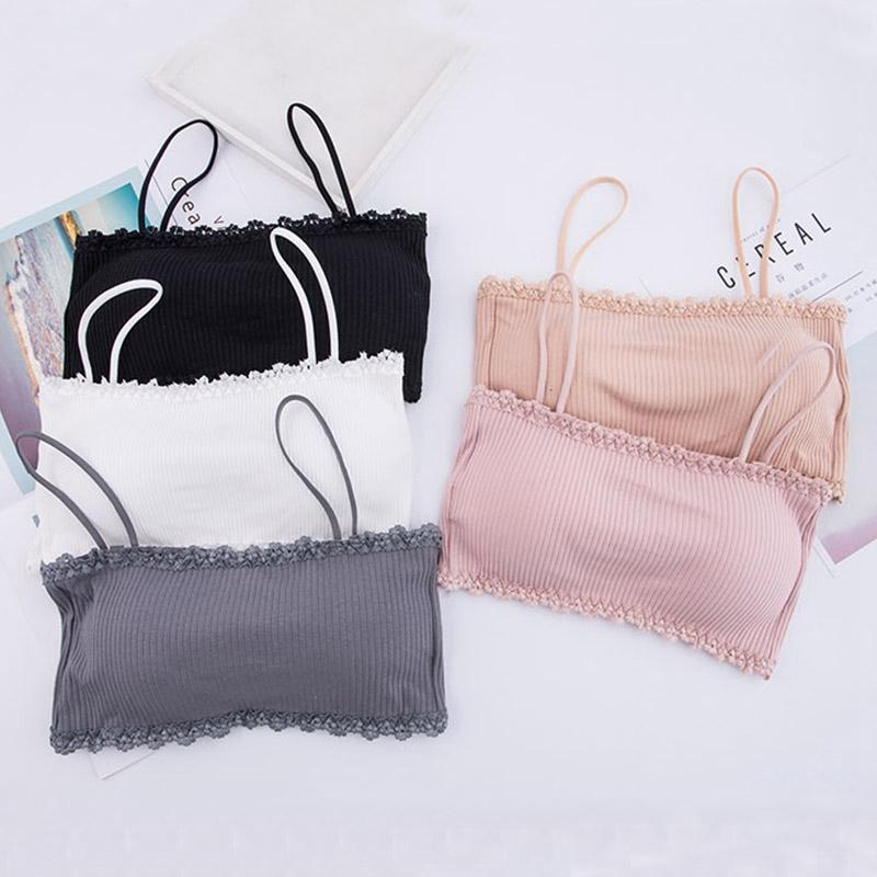 

Women Camisoles Rear Three-Breasted Sling Thread Tube Top Solid Color Thin Shoulder Strap Padded Tube Top, Black