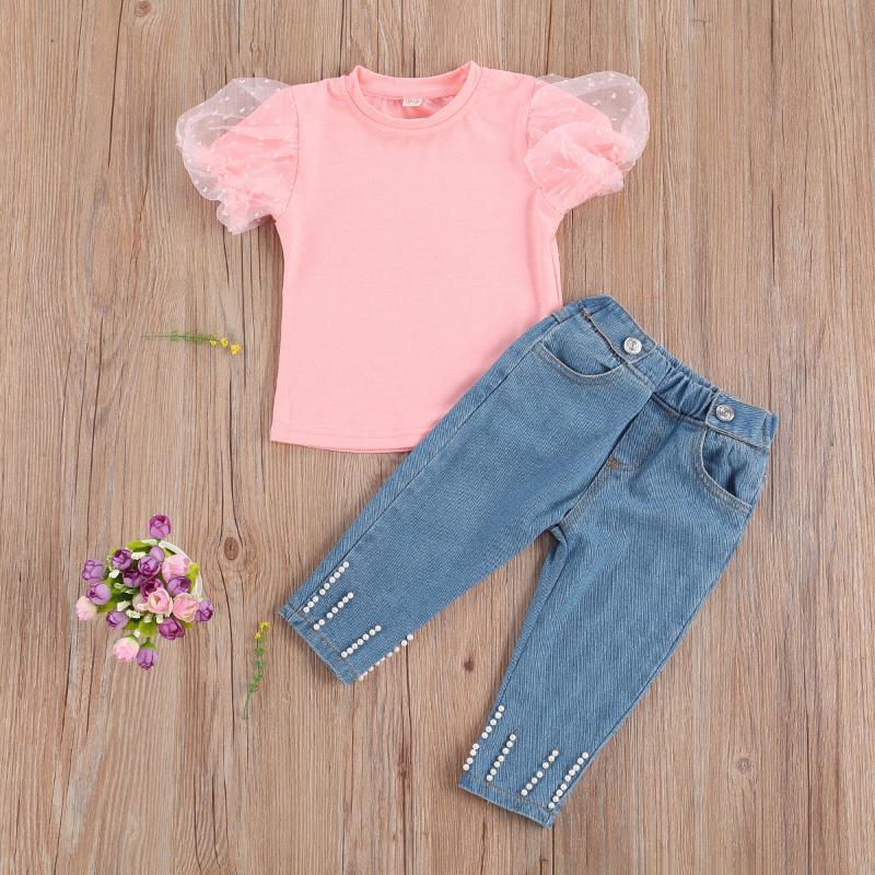 

Children Kids Girls Clothes Set ,Fashion Girl Suit Hubble-bubble Sleeve Pink Top and Denim Long Pants Outfits Fashion Set 1-6Y