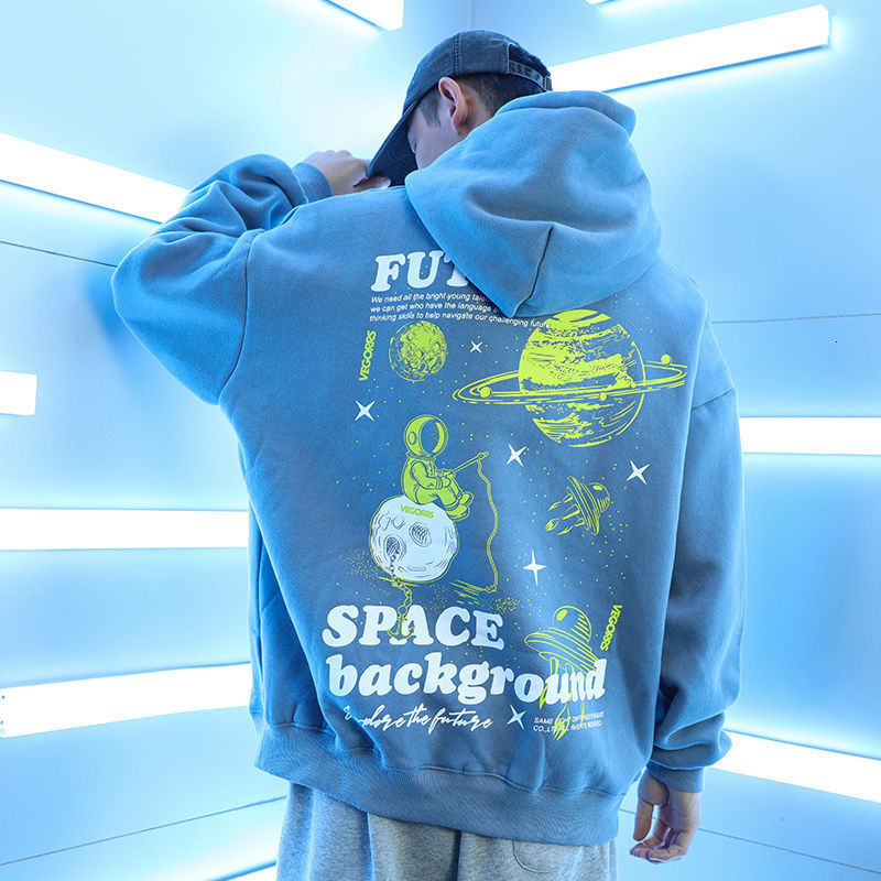 

2021 New Autumn and Winter Addition to Velvet, Thick Clothes, Loose Men in Hoods, Jacket, Youth. C0NG, Blue