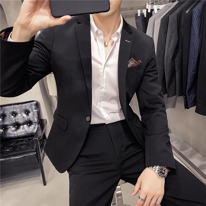 

2020 new suit men's suit two piece Korea slim fit solid dress casual handsome small man, Black