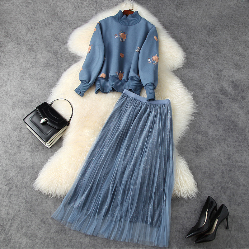 

2020 Fall Autumn Long Sleeve Round Neck Blue Floral Embroidery Sweatshirt +Pleated Panelled Mid-Calf Skirt Two Piece 2 Pieces Set LO03T11357
