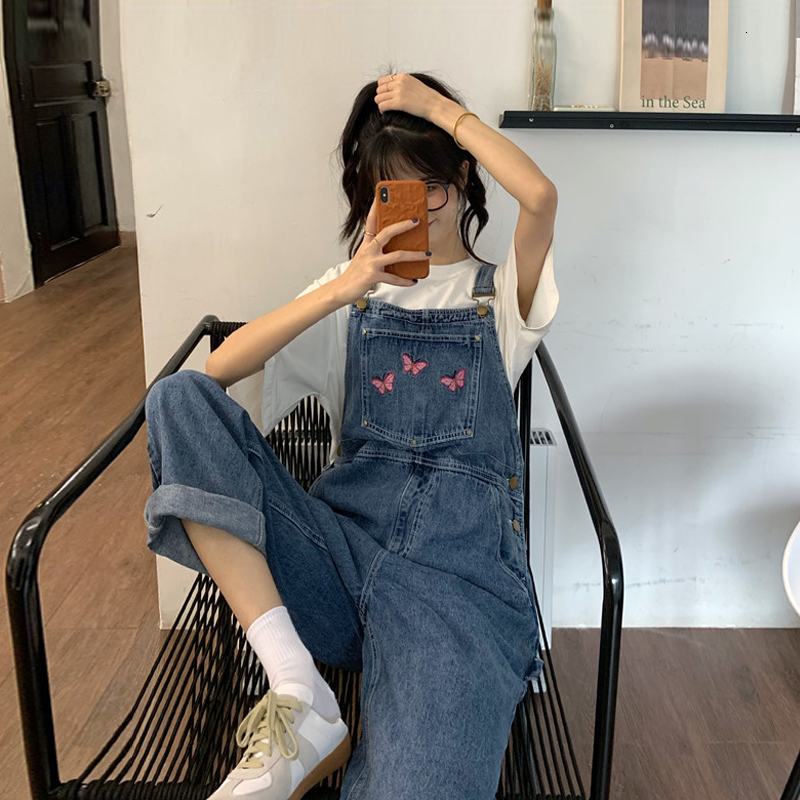 

2021 New S-XL, 2x, 3xl, Korean 4xl style oversize overalls dening casual butterfly girls embroidered brim pants large size women EMVG, Blue